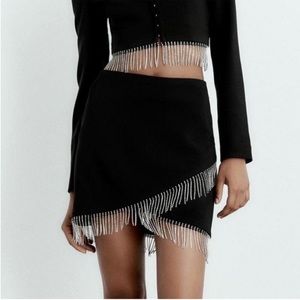 NWT Zara black mini skirt with silver rhinestone fringe detail